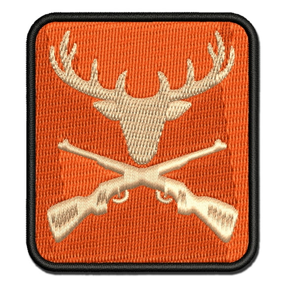 Crossed Hunting Rifles with Deer Head Antlers Applique Multi-Color Embroidered Iron-On Patch - 2.5 Inch Small