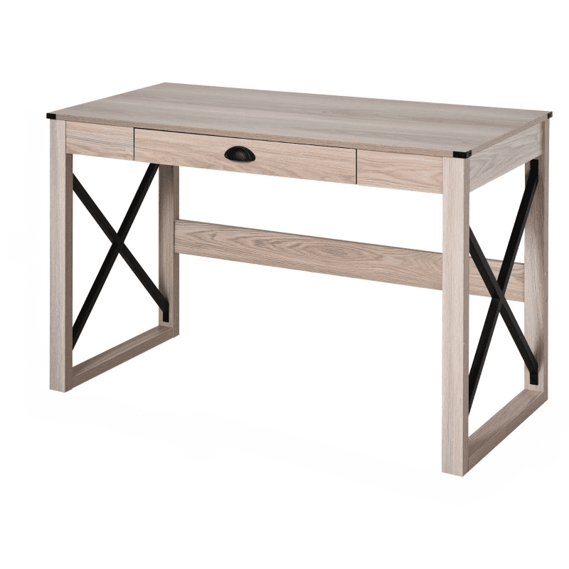 Simple Writing Computer Desk with Storage Drawer, X-Shaped Steel Frame Particleboard Work Table, Multi-Purpose Vanity Desk for Bedroom Office Study, Natural & Black Available