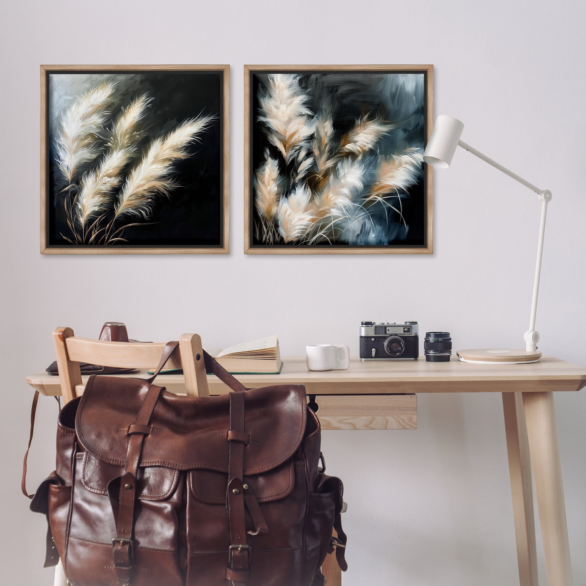Stupell Industries Windblown Wheat Sprigs Plants & Flowers Painting Brown Floater Framed Canvas Art Print Wall Art, 25 x 25, Set of 2