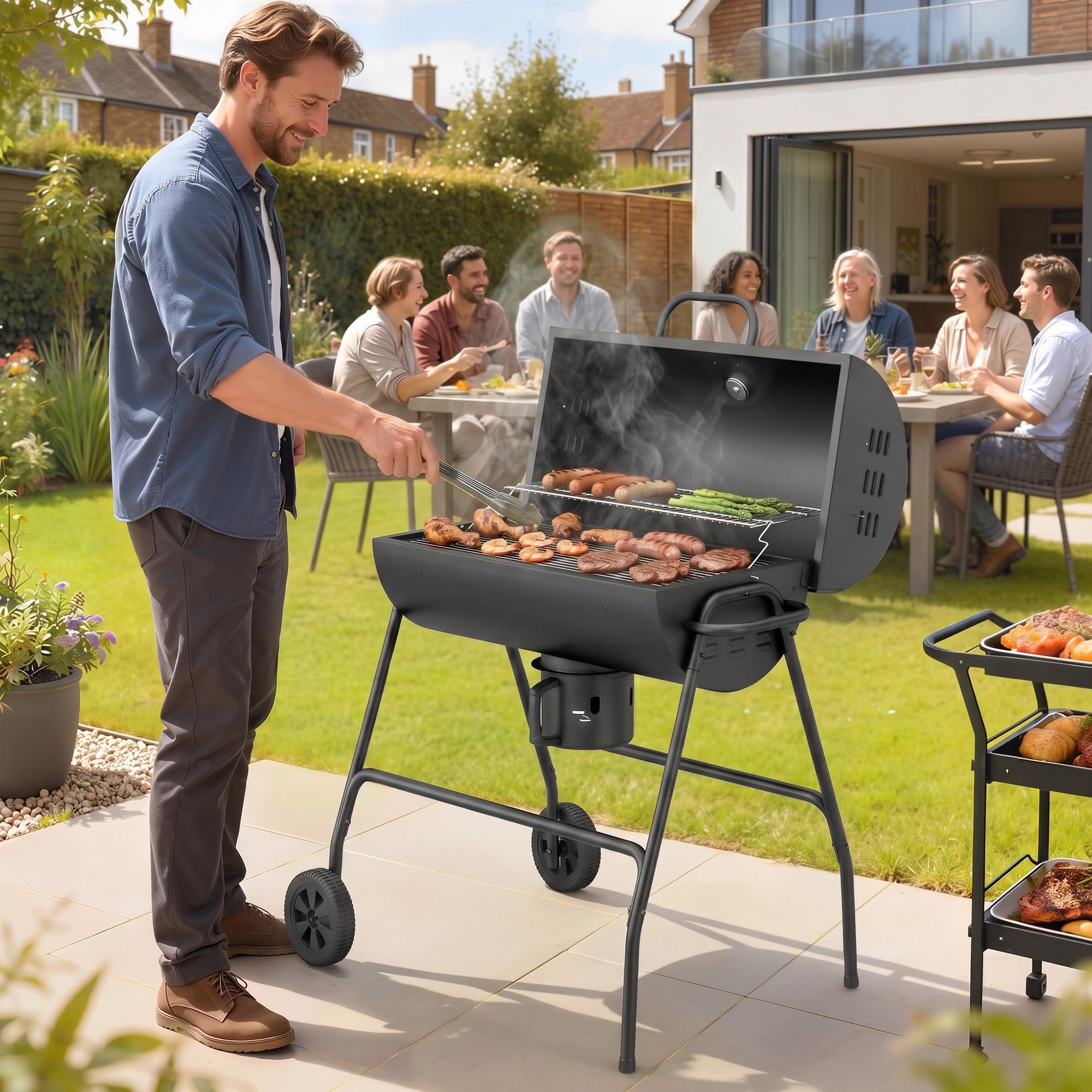Outsunny Barrel Charcoal BBQ Grill with 420 sq.in. Cooking Area, Wheeled Outdoor Barbecue, Black