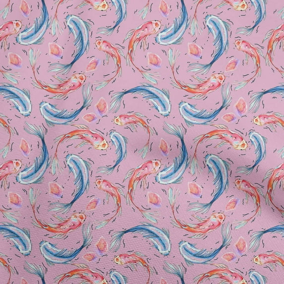 oneOoneSilkTabbyPinkFabricAsianJapaneseKoiFishSewingCraftProjectsFabricPrintsByYard42InchWide