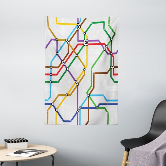 Map Tapestry, Stripes in Vibrant Colors Metro Scheme Subway Stations Abstract Railroad Transportation, Wall Hanging for Bedroom Living Room Dorm Decor, 40W X 60L Inches, Multicolor, by Ambesonne