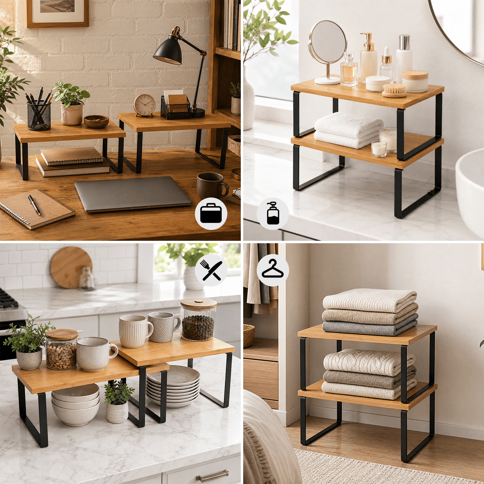 Koomade 2 Pack Cabinet Organizers Shelves, Multipurpose Storage Rack, Kitchen Cabinet Storage, 11.7''W, Bamboo wood tone + Black