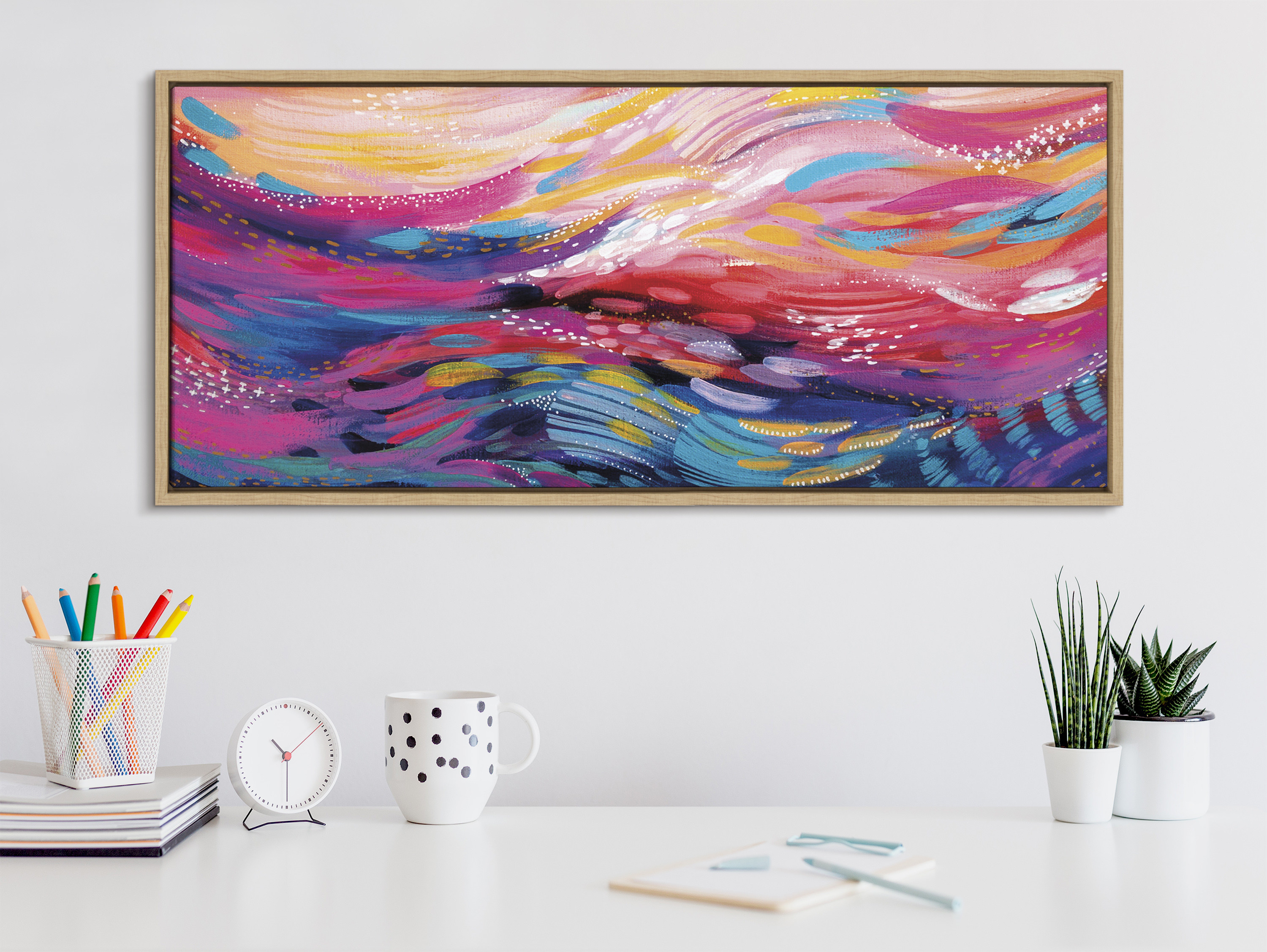 Kate and Laurel Sylvie Brush Strokes 90 Framed Canvas Wall Art by Jessi Raulet of Ettavee 18x40 Natural Vibrant Abstract Art for Wall