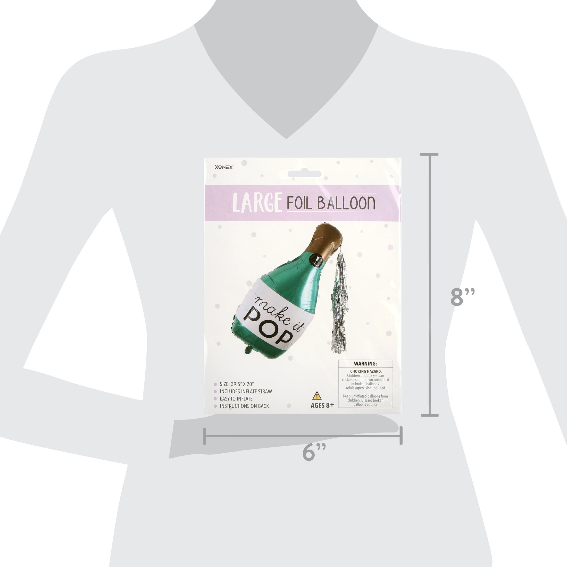 Large "Make it Pop" Champagne Bottle Foil Balloon with Silver Tassel, 20in x 39.5in