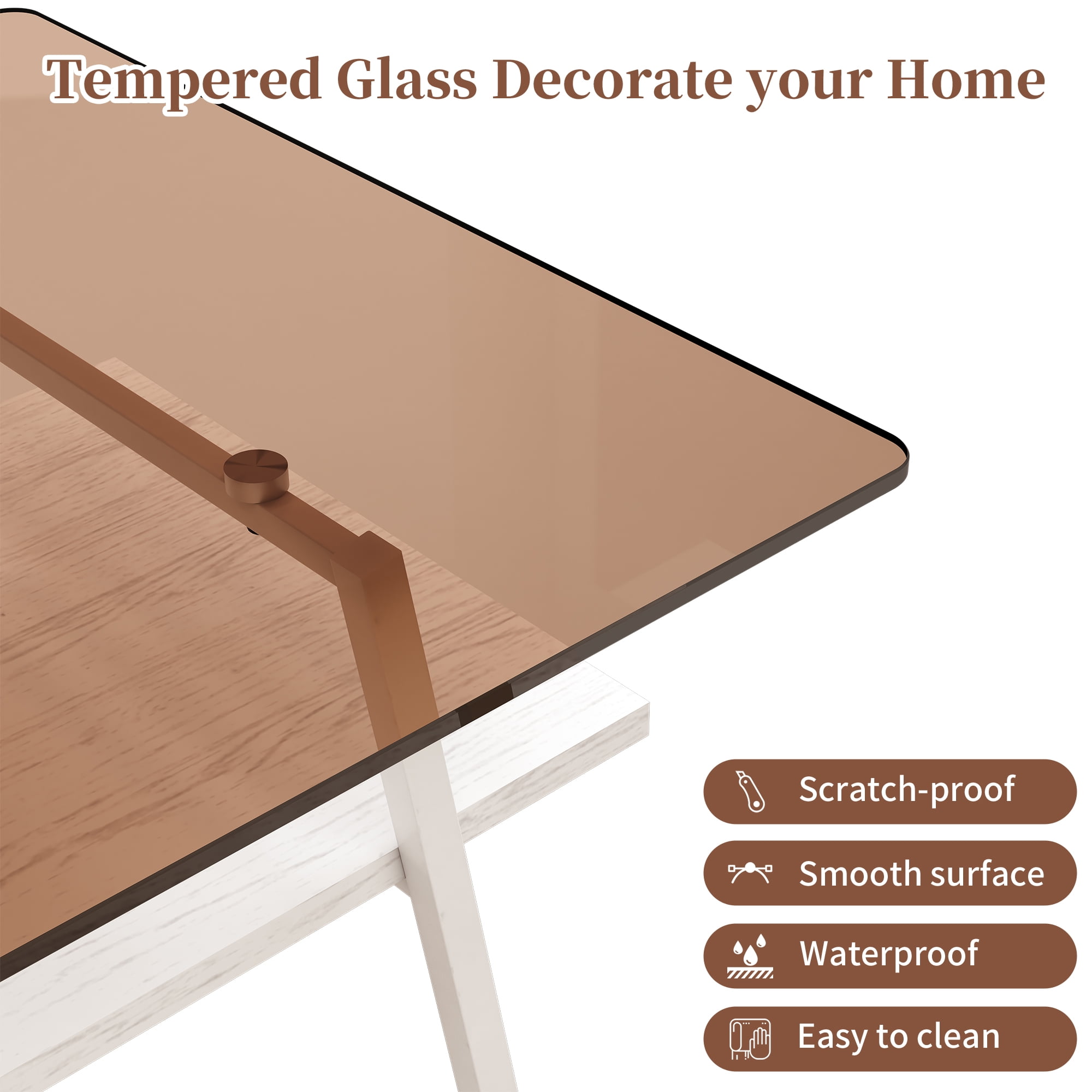 MAYEERTY Rectangle Coffee Table with Brown Tempered Glass Top and White Metal Legs