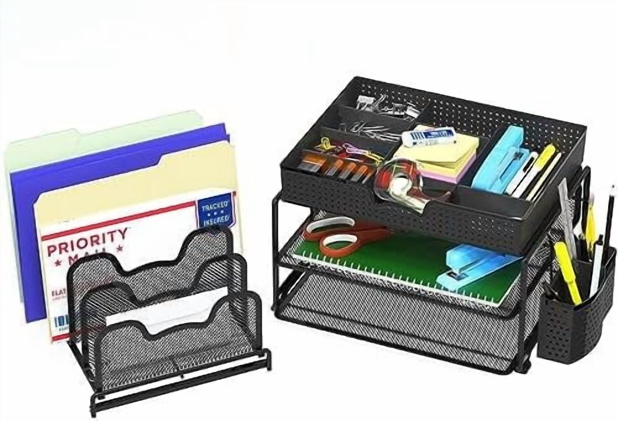 Mesh Desk Organizer with Sliding Drawer, Double Tray and 5 Stacking Sorter Sections, Black