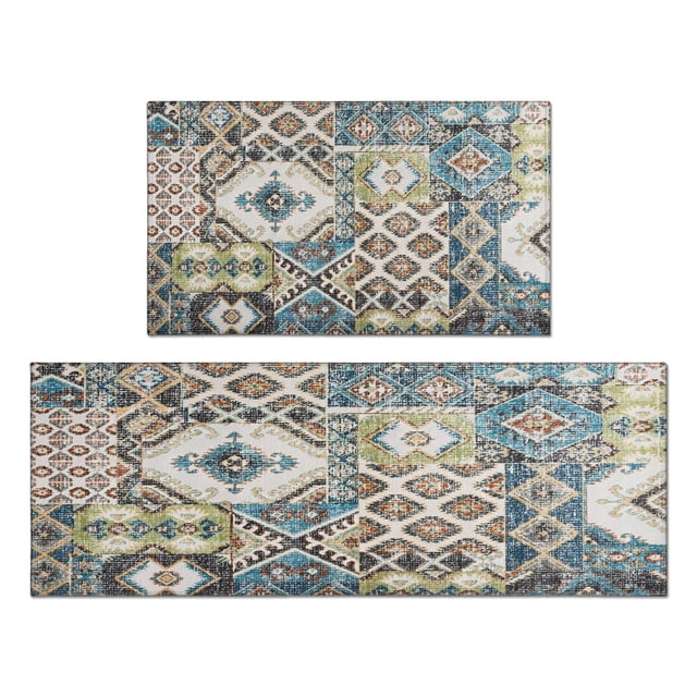 2-Piece Bohemian Kitchen Rugs, Anti-Slip & Washable Vintage Floral Design - Chic Kitchen Mat for Laundry Room. (17x30 & 17x47 inches)