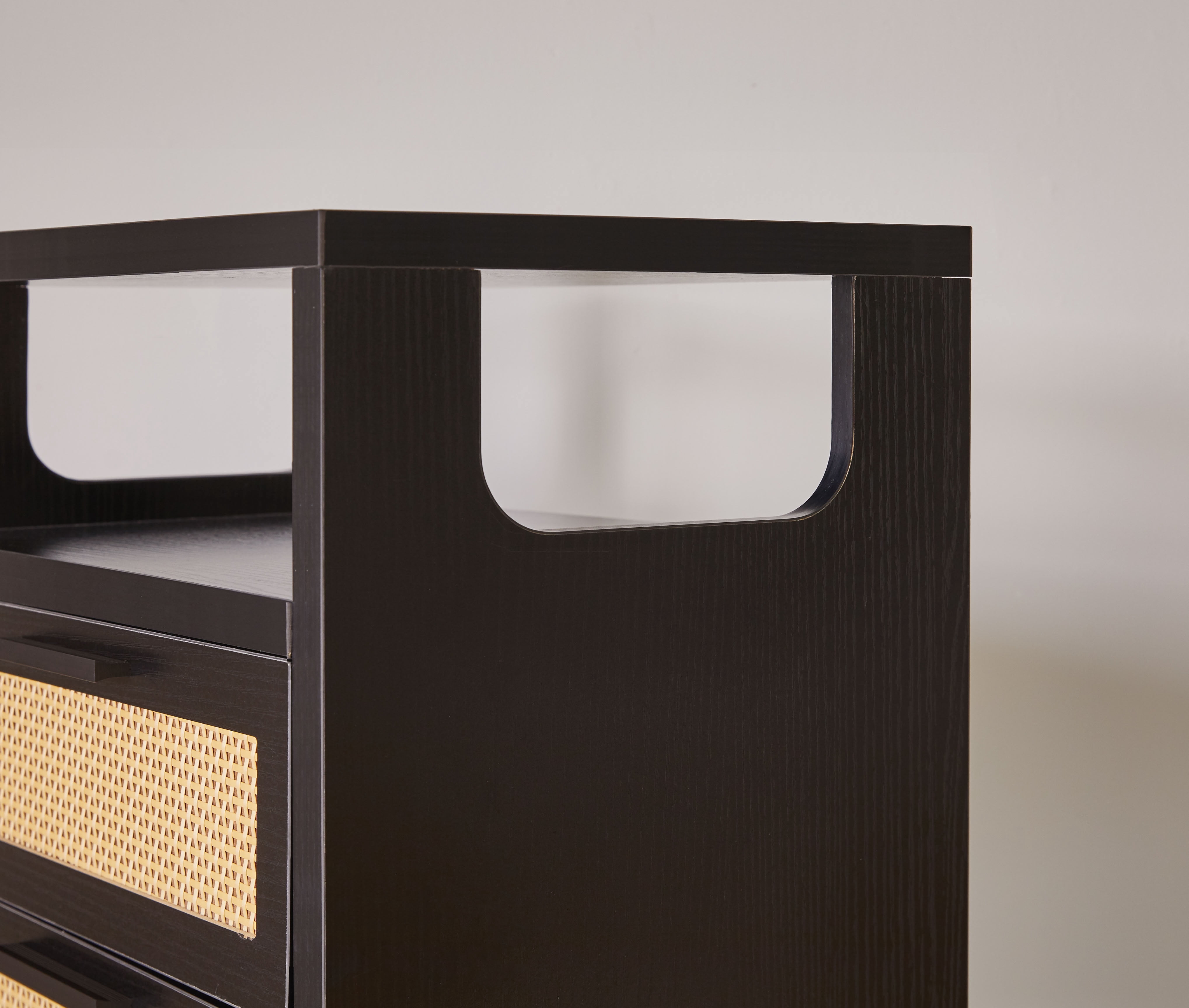 MAYEERTY Set of 2 Rattan End Tables with 2 Drawers and Open Shelf, Modern Wood Side Table with Tapered Legs, for Living Room Bedroom Small Spaces