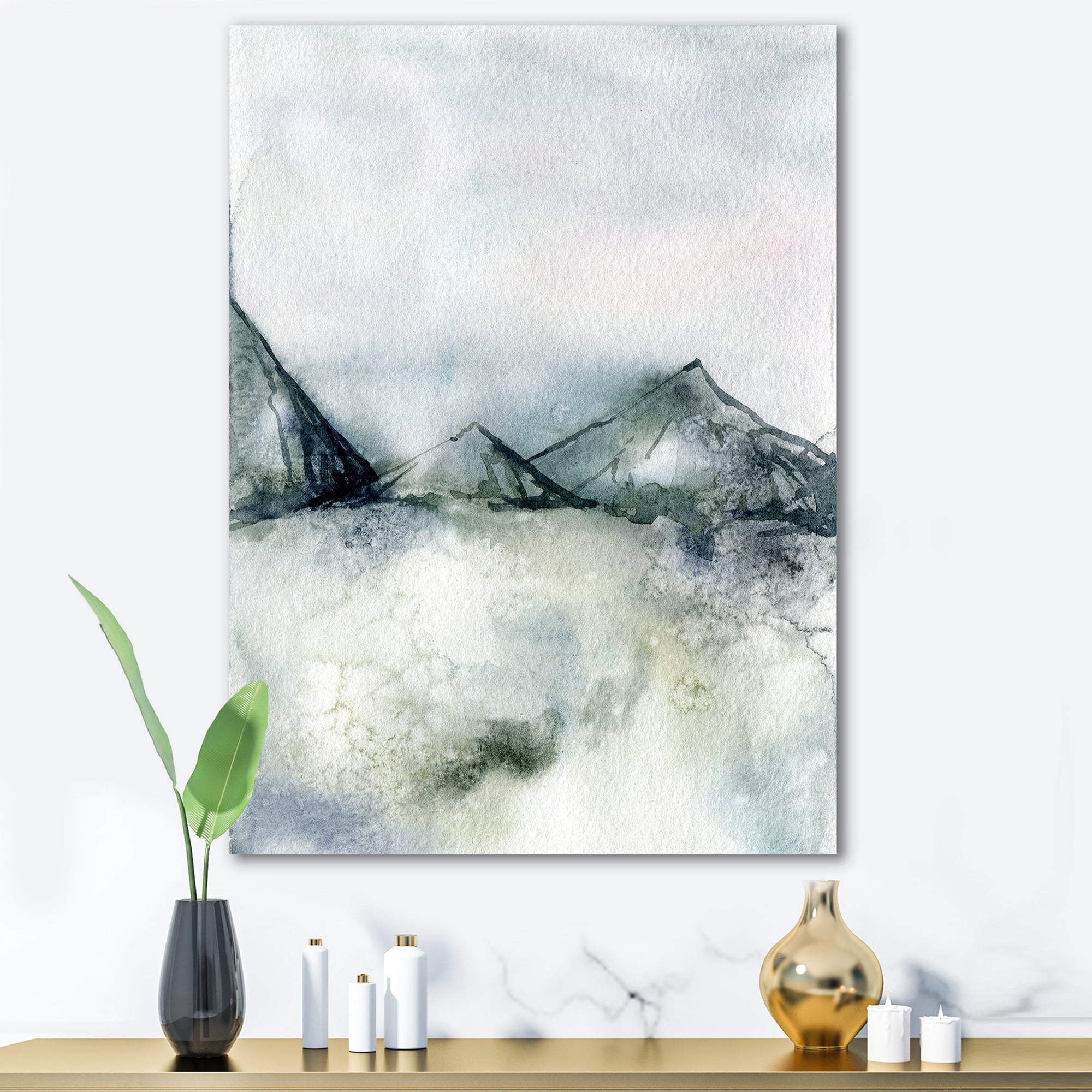 Dark Blue Mountain Landscape Winter Minimalistic 8 in x 12 in Painting Canvas Art Print, by Designart