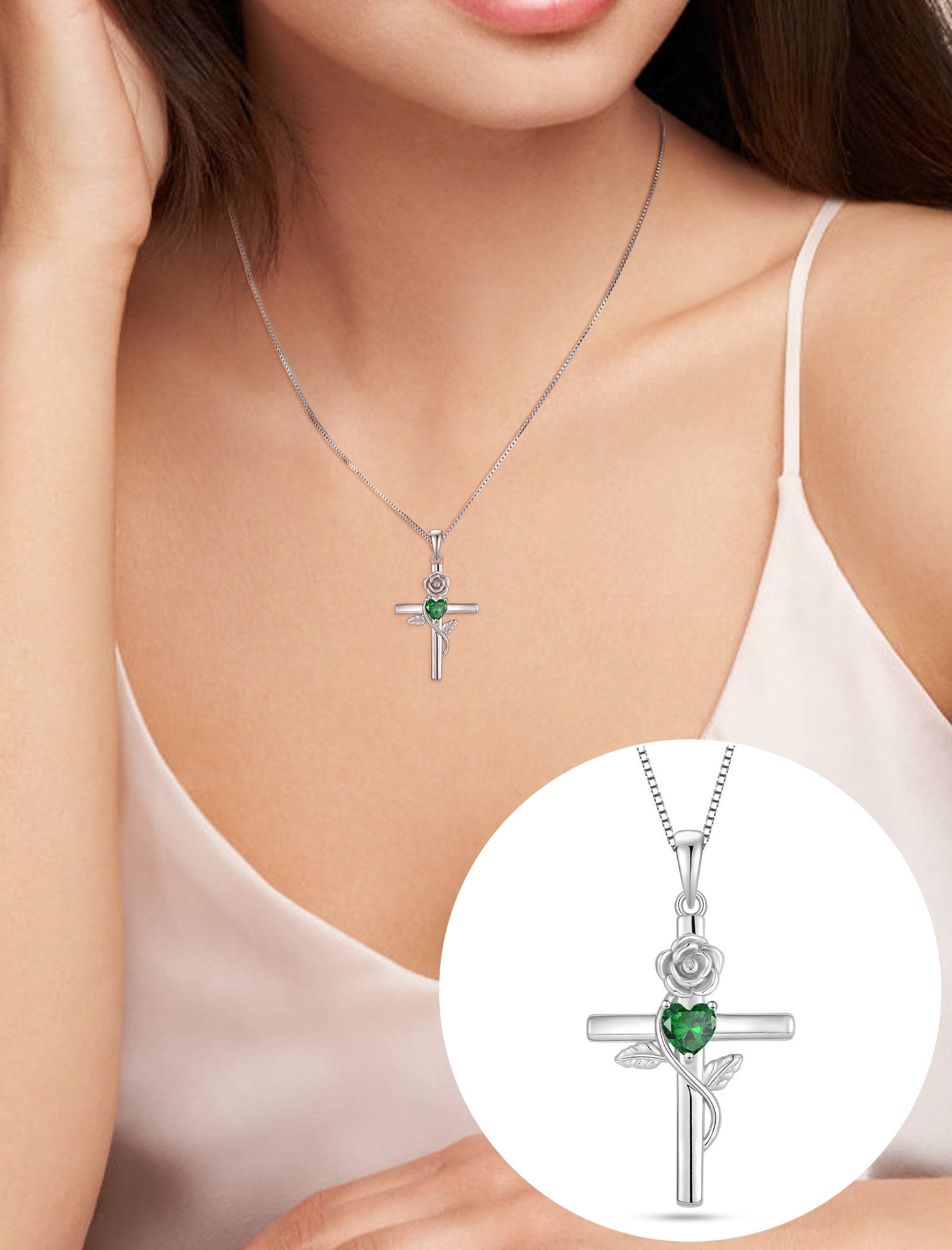 VESITIM Cross Pendant Necklace Sterling Silver Infinite Rose Flower Necklace Women Faith Jewelry Gift with May Birthstone Created Emerald