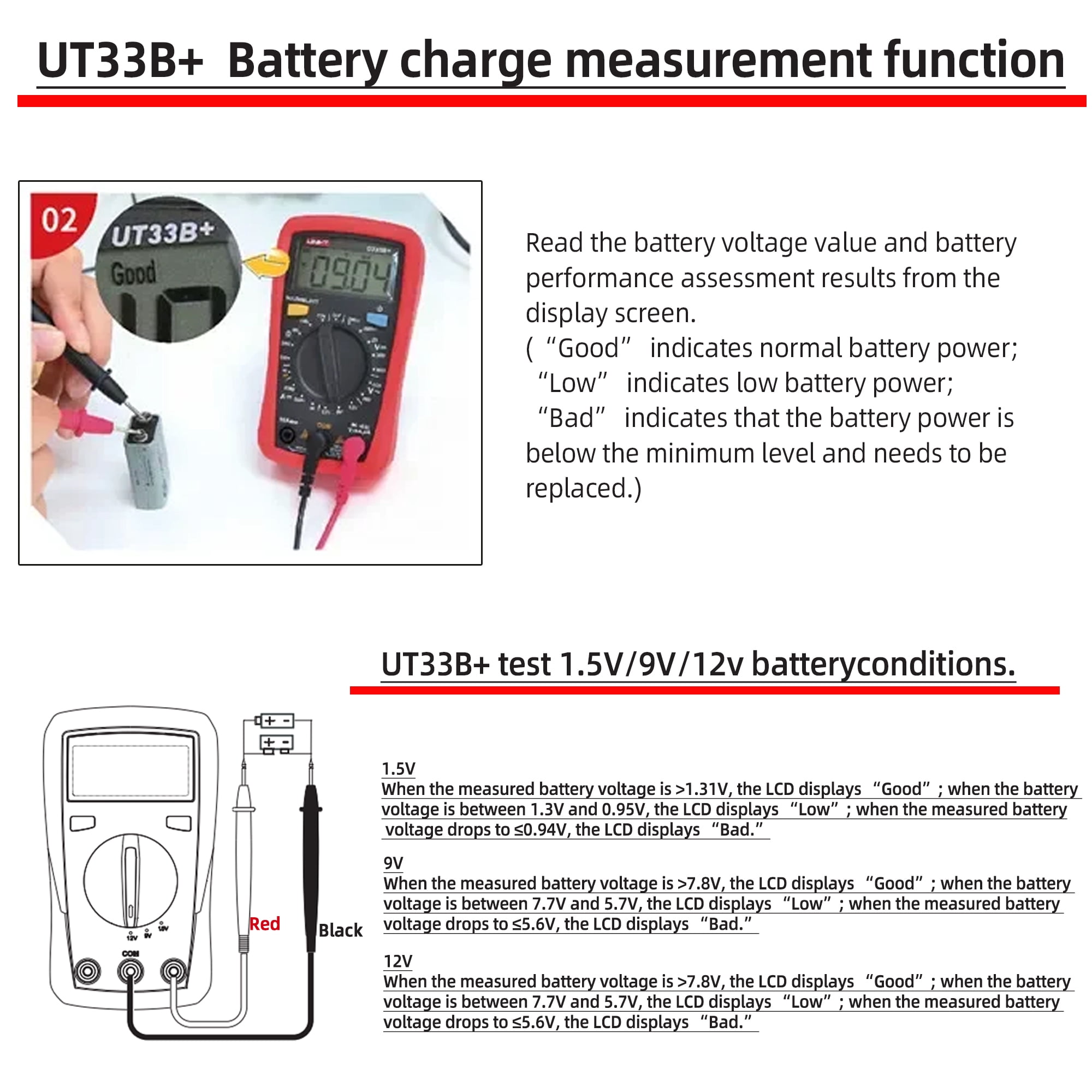 UNI-T UT33B+ LCD Digital Multimeter Battery Test Manual Range DC/AC Voltage DC Current Meter Resistance Tester Voltmeter Ammeter for Home Repairs