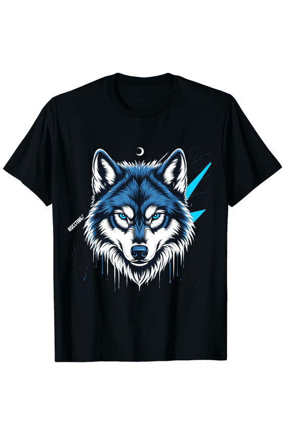 Cool Blue Wolf Graphic T-Shirt Retro Wild Animal Lightning Moon Design Men Women Casual Tee