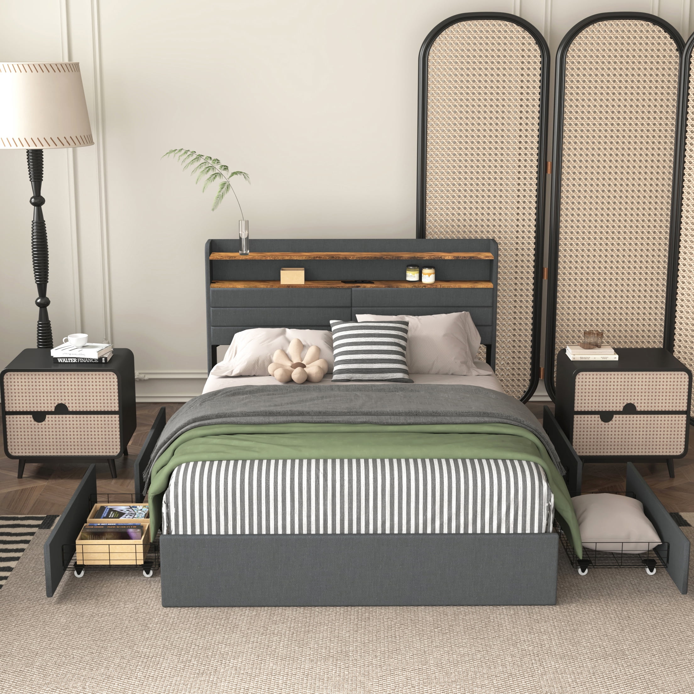 Miniyam Queen Size Bed with LED Headboard, Storage Drawers, USB Charging Ports for Adults