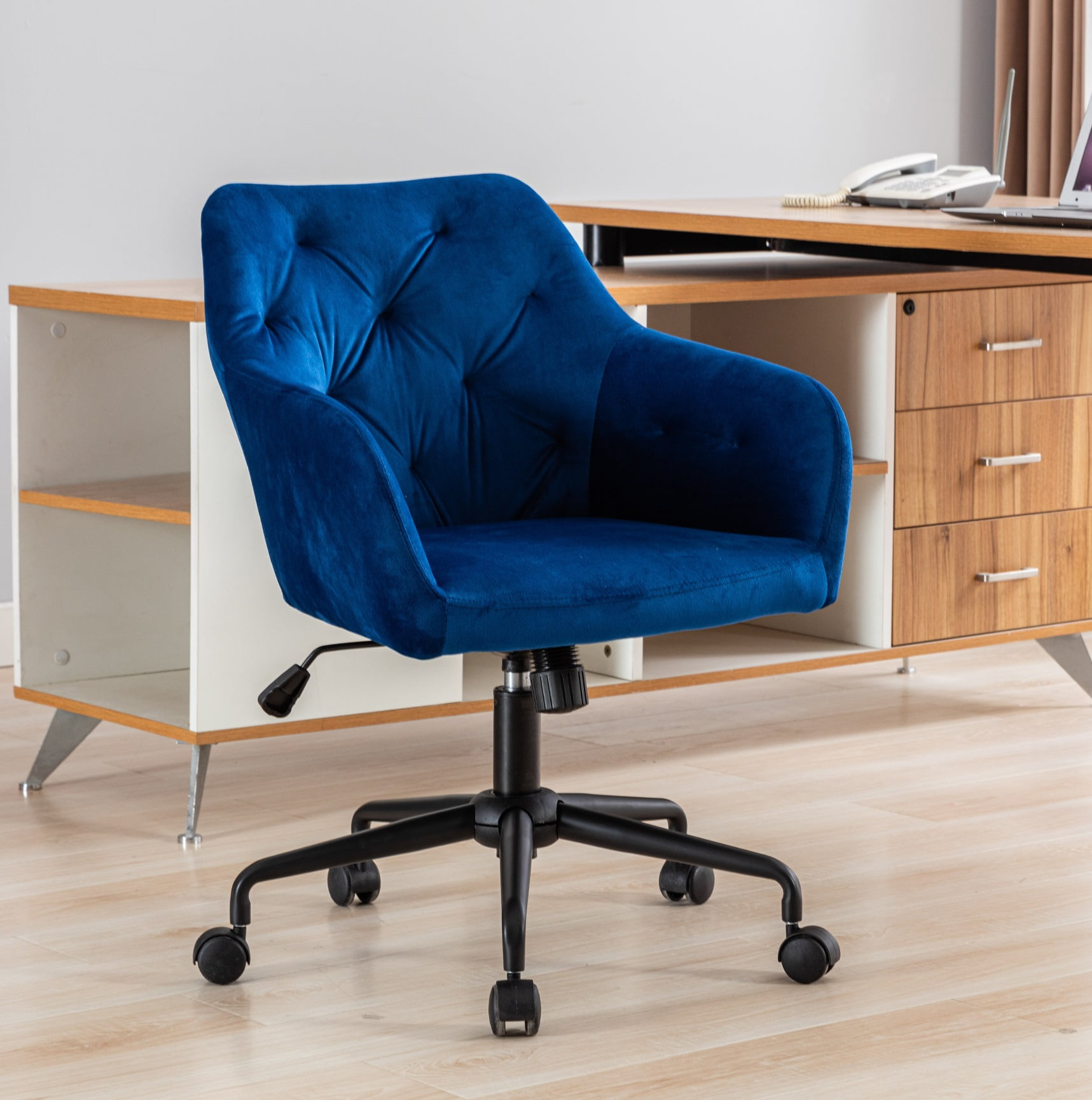 SYNGAR Vanity Stool Chair, Blue Accent Chair Velvet with Swivel Wheels