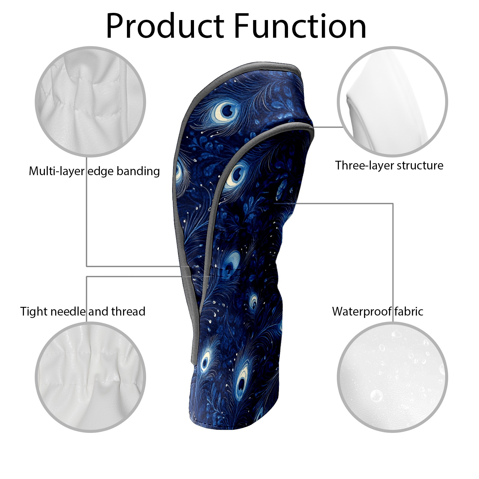 Golf Club Covers PU Leather Waterproof Head Covers for Fairway Woods Hybrids Blue Peacock Feathers