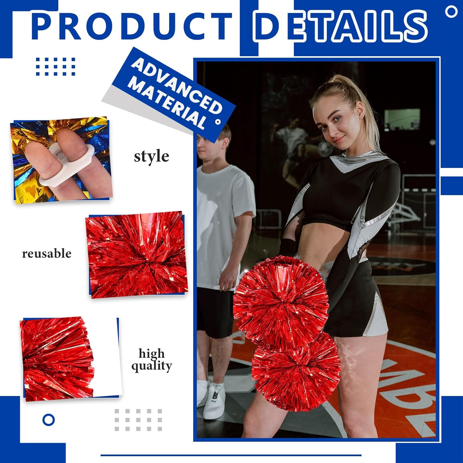 8 PCS Metallic Cheerleading Pom Pom for Team Spirit Sports Dance Cheering Kids Adults-Ring Style
