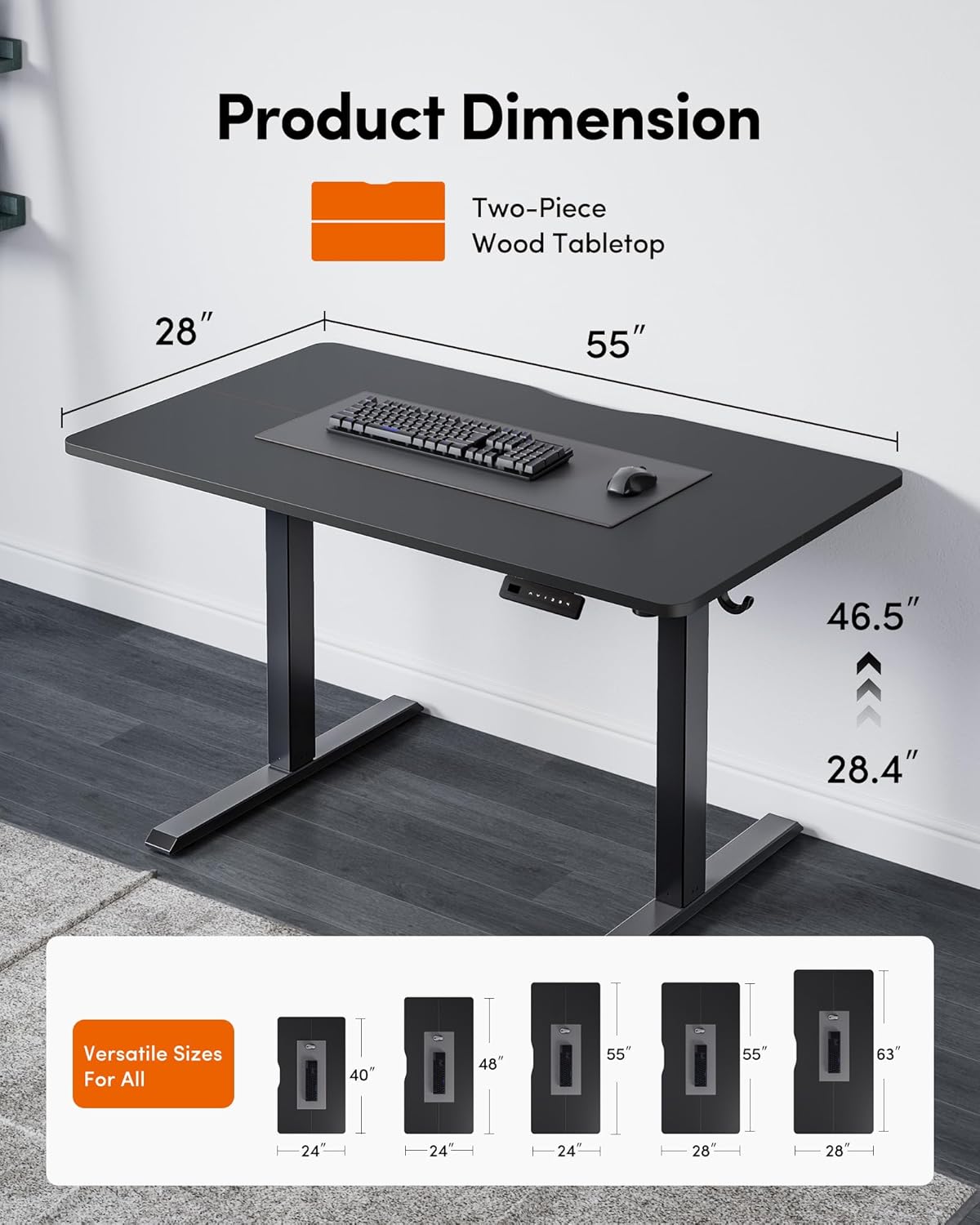 DESINO 55"x28" Electric Standing Desk, Height Adjustable Sit Stand Desk with Memory Presets, Ergonomic Home Office Desk, Anti-Collision Smart Lift Table, Black