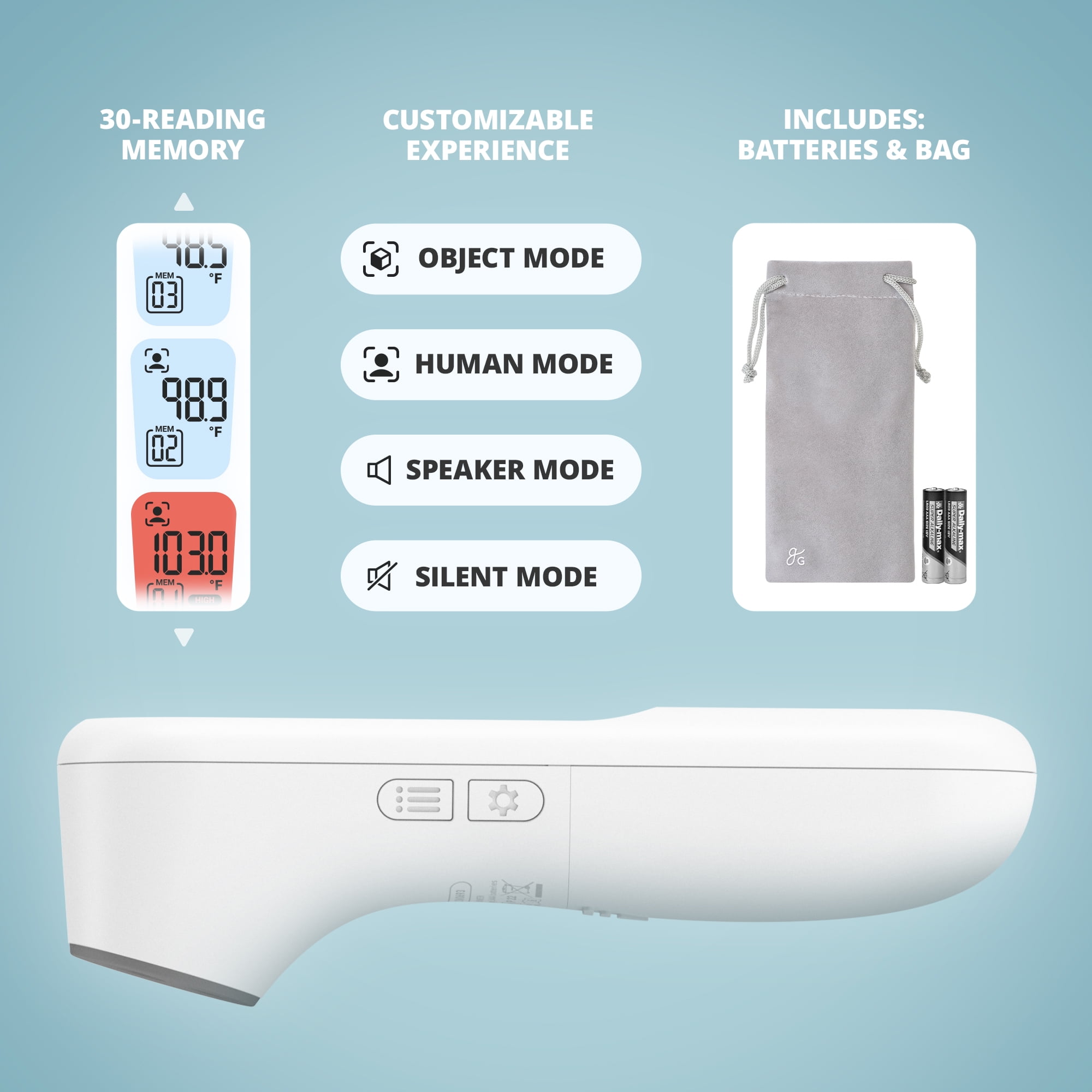 Greater Goods No-Touch Baby Thermometer for Infants, Newborns & Toddlers with Fever Alarm and Instant Accuracy Readings, White
