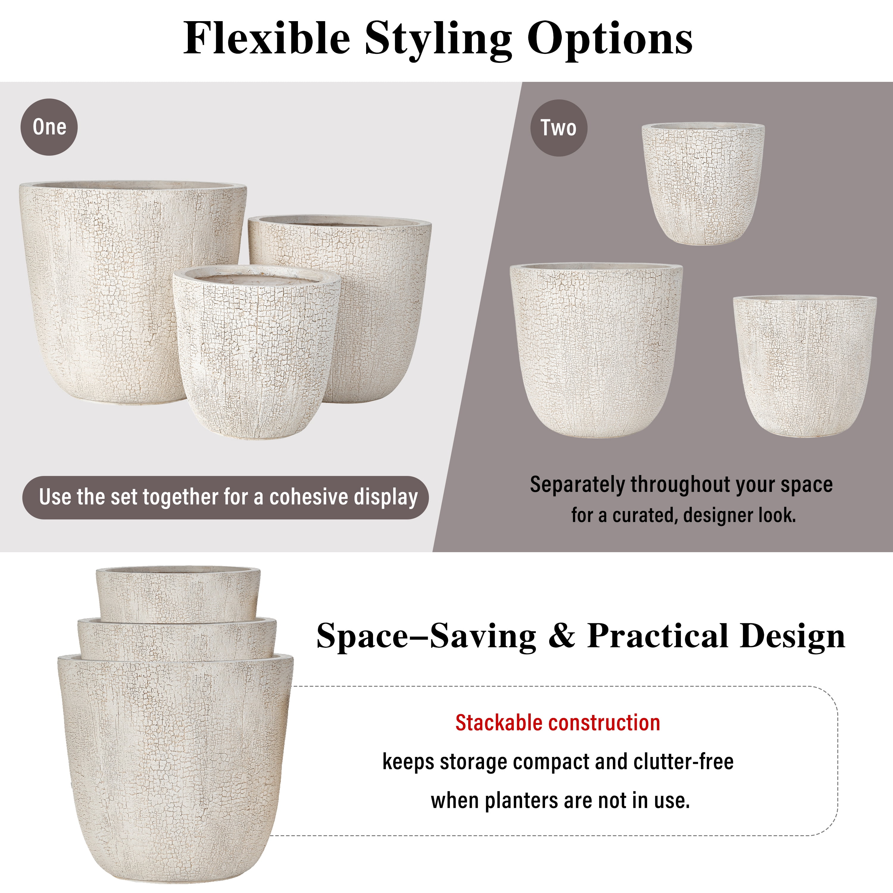 Euroco Large Concrete Planter Set of 3, 16.93"+13.78"+11.02" Dia Round Stackable Flower Pots with Drainage Holes and Rubber Plug,Modern Decorative Pots for Patio Garden Balcony Indoor Outdoor