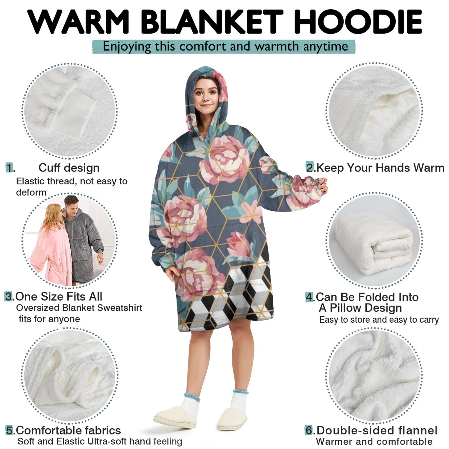 Wearable Oversized Blanket,Pioneer Flower Floral Print Pattern Wearable Blanket Hoodie for Adults,Cozy Hooded Blankets with Super Pockets,Super Warm Fuzzy Pullover for Women & Men