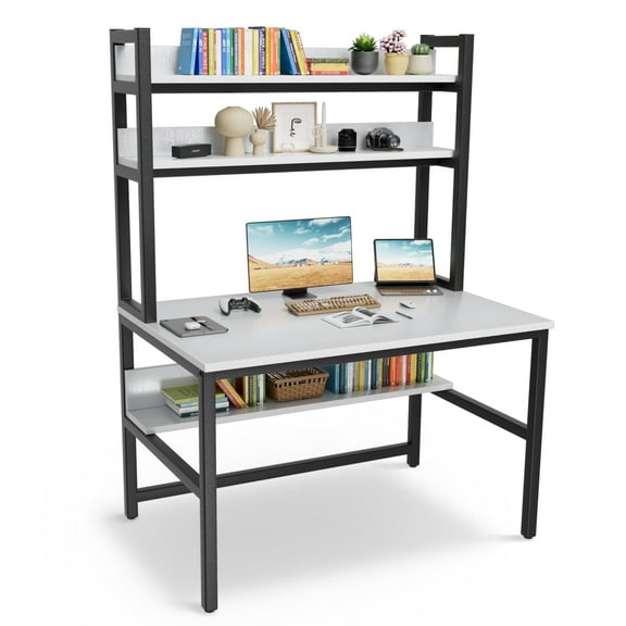Aquzee Computer Desk with Shelves, 47" Gaming Desk with Hutch and Bookshelf, White Study Table for Bedroom Space Saving with 3 Tier  Shelves
