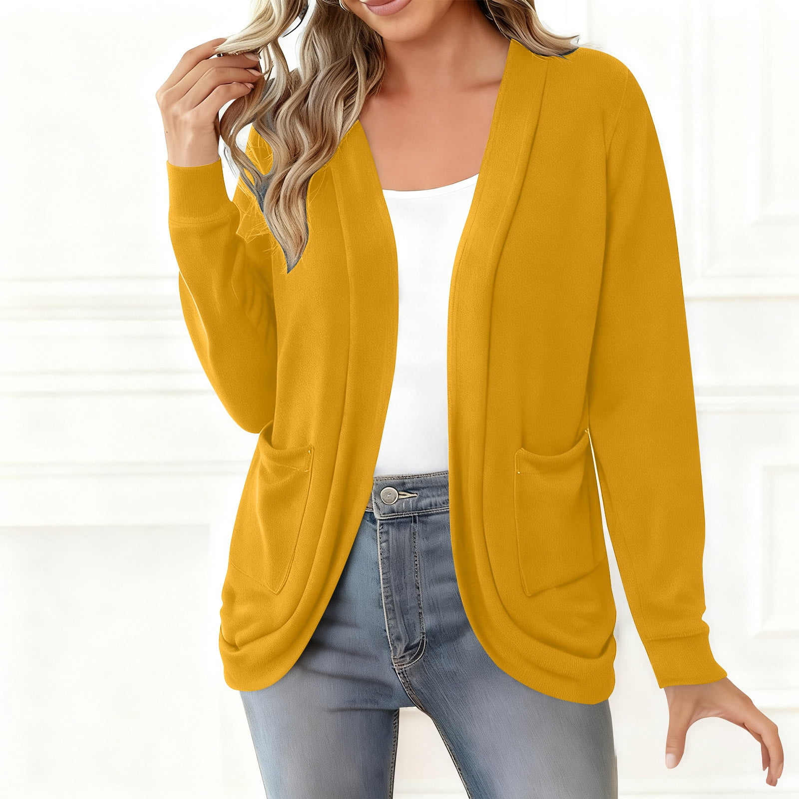 Womens Knitted Cardigan Front Open Solid Color Sweater Jackets Lightweight Comfy Casual Outwear With Pockets (XL, Yellow) - image 3