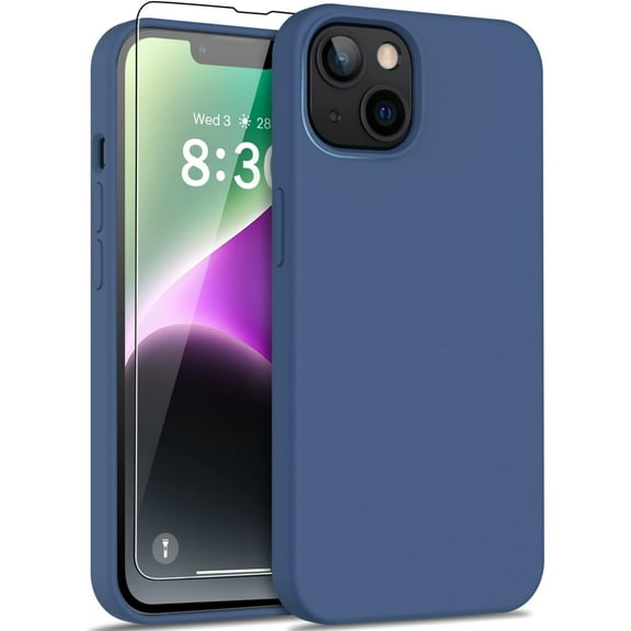 iPhone 14 Case with Screen Protector,Soft Liquid Silicone Gel Rubber Bumper Cover,Slim Fit Shockproof Protective Phone Case for Apple iPhone 14 6.1" Navy Blue