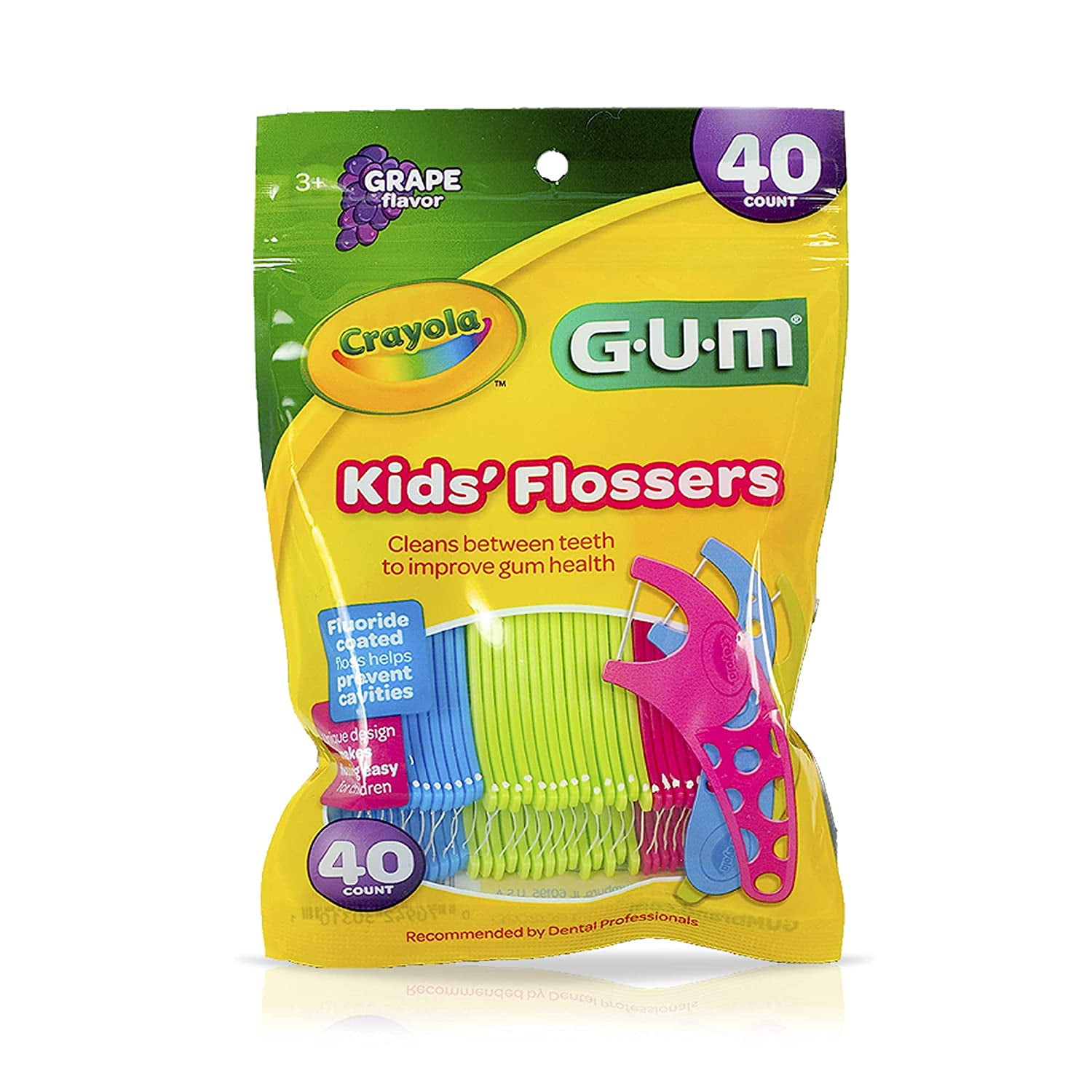 GUM Crayola Kids’ Flossers, Grape, Fluoride Coated, Easy Grip Handle, Ages 3+, 40 Each (Pack of 3)