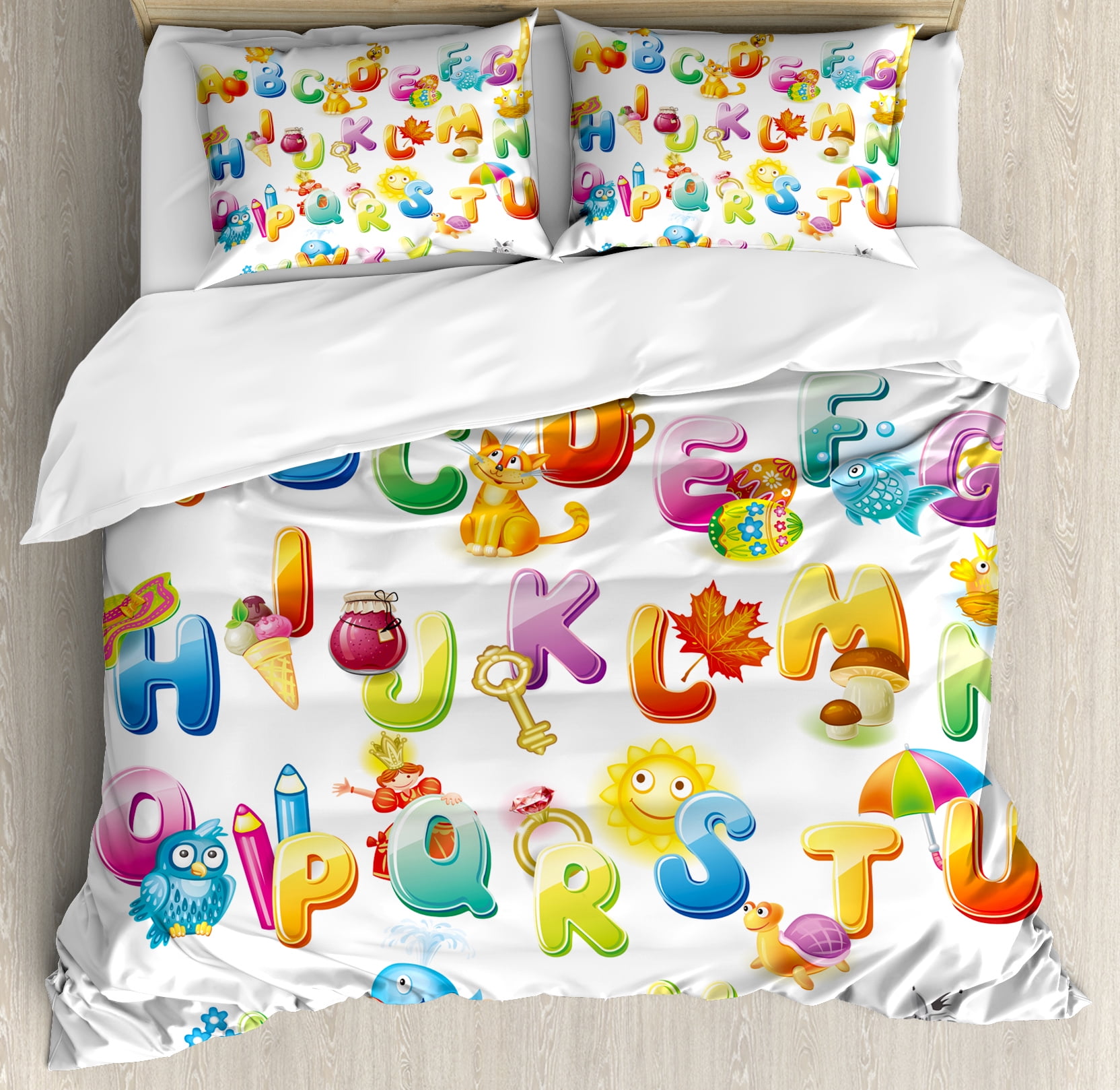 Educational Duvet Cover Set, Cheerful Cartoon Fun Alphabet Design for