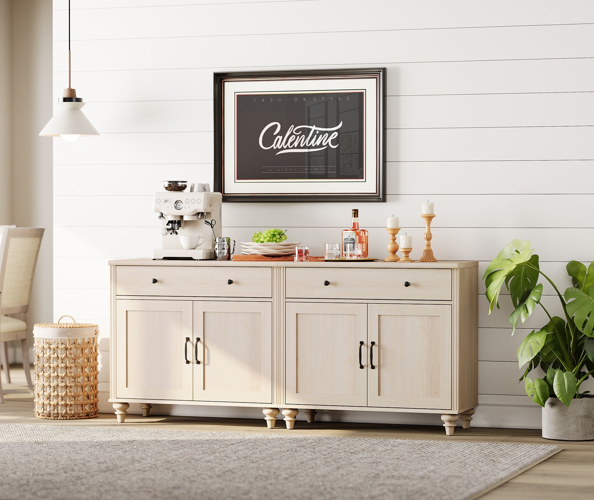 Credenzas & Sideboards with 4 Doors and 2 Drawers, Large Buffet Cabinet Wood Kitchen Storage Cabinets, Modern Farmhouse Sideboard Credenza for Dining Room, Beige, 68 inch