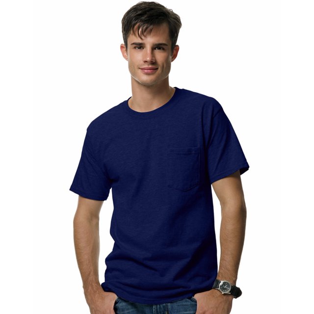 Hanes Beefy-T Men`s Pocket T-Shirt, S, Deep Navy