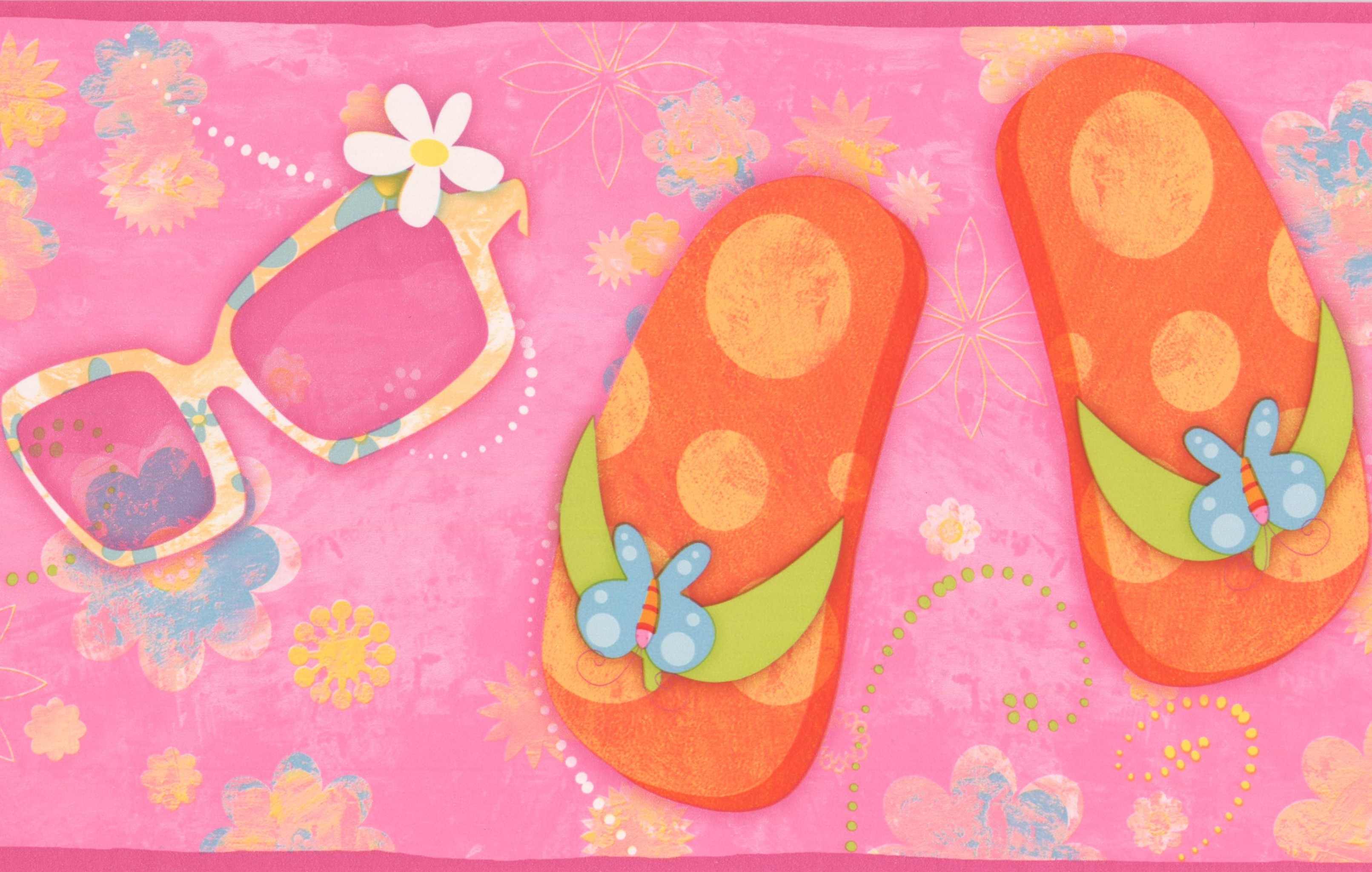 Wallpaper Border - Beach Flip Flops Sunglasses Flowers Pink Wall Border
