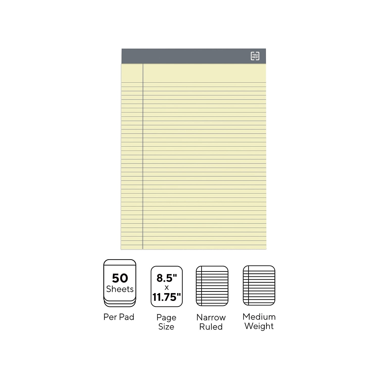Staples TRU RED Notepads 8.5" x 11.75" Narrow Ruled Canary 50 Sheets/Pad 24/Carton TR59912/TR573VS