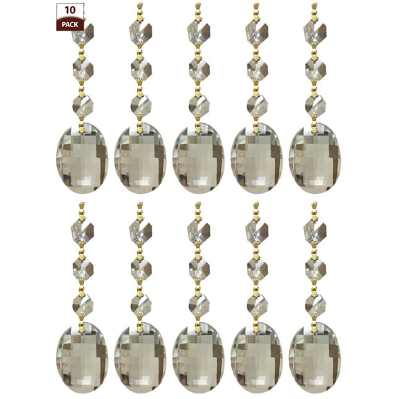 Royal Designs 10 Pack Chandelier Replacement Crystal Prisms Clear Oblate Cut Three Bead Polished Brass