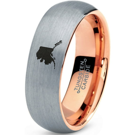 Tungsten Alaska The Last Frontier State Band Ring 7mm Men Women Comfort Fit 18k Rose Gold Dome Brushed Gray Polished
