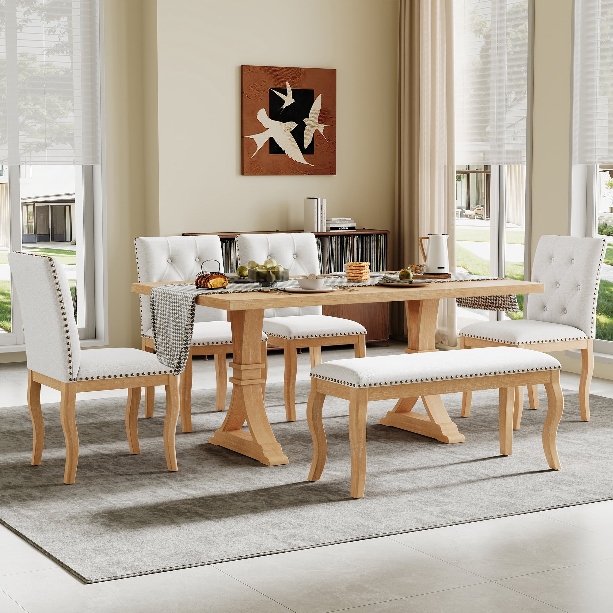 Euroco 6 Pieces Dining Table Set for 6, Solid Wood Kitchen Table Set with 4 Upholstered Chairs and Bench, Rectangular Dining Furniture Set,Natural