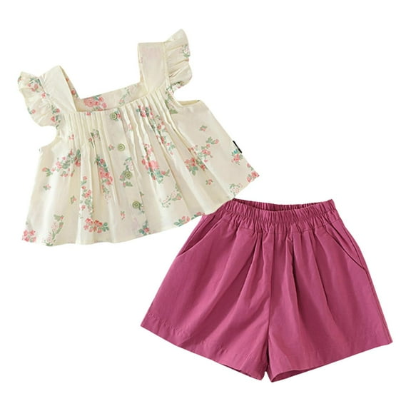 Girls Outfits Small Flying Sleeve Cottn Two Piece Small Fresh Floral Top I Shorts Girls' Clothing Sets