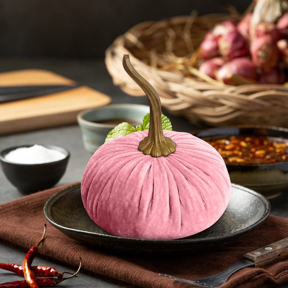 LJMsdf Pink Velvet Pumpkin Decoration, 3.9" x 5.5" Soft Fabric Foam Pumpkin for Fall Halloween Thanksgiving Table Centerpiece