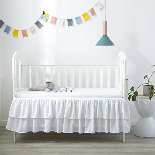 White Ruffled Crib Bed Skirt Double Layer Nursery Toddler Dust Ruffle Bedding Skirt 14" Deep Drop