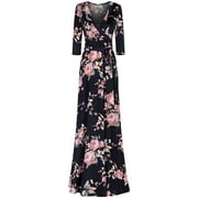 Bon Rosy, Women's, 3/4 Sleeve V-Neck Printed Maxi Faux Wrap Dress, Black, S