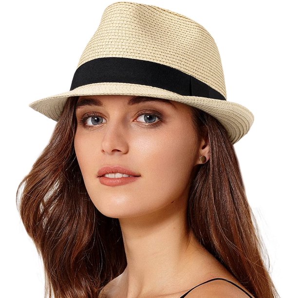 Womens Short Brim Straw Sun Hat Fedora Trilby Hat Panama Men Roll Up