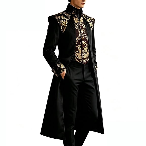 LEKWK Mens Medieval Steampunk Tailcoat Vintage Gothic Vampire Coat Stand Collar Victorian Prince Costume with Gold Embroidery for Halloween Cosplay