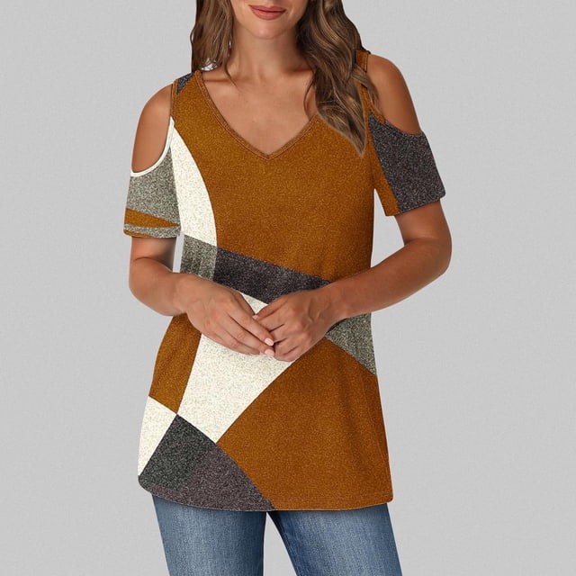 Soki Womens Tops Color Blocked Printed Short Sleeved V-Neck Off Shoulder Fashionable Summer Clothes