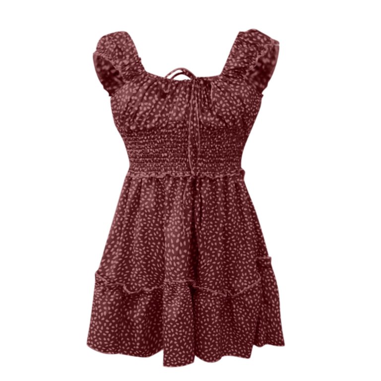 MRULIC dresses for women 2022 Women's Sexy Summer Pleated Sleeve Neckline  Print Dress Mini Dress Sundress Women's Casual Dress Hot Pink + 3XL