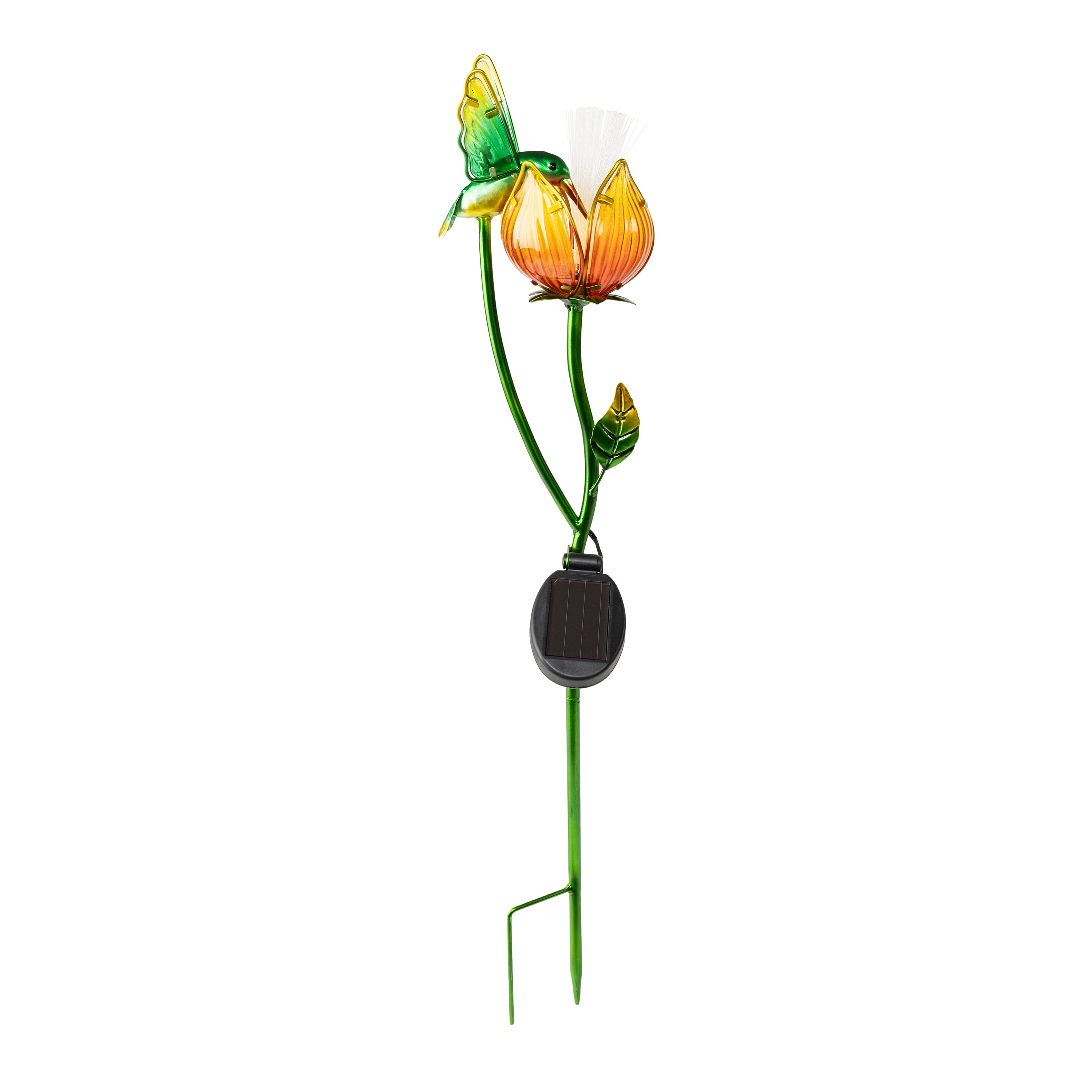 Better Homes & Gardens Solar LED Flower With Hummingbird Glass & Metal Stake Light Outdoor Décor, 5.7"W x 6.5"D x 28.1"H, 1.1 lb weight