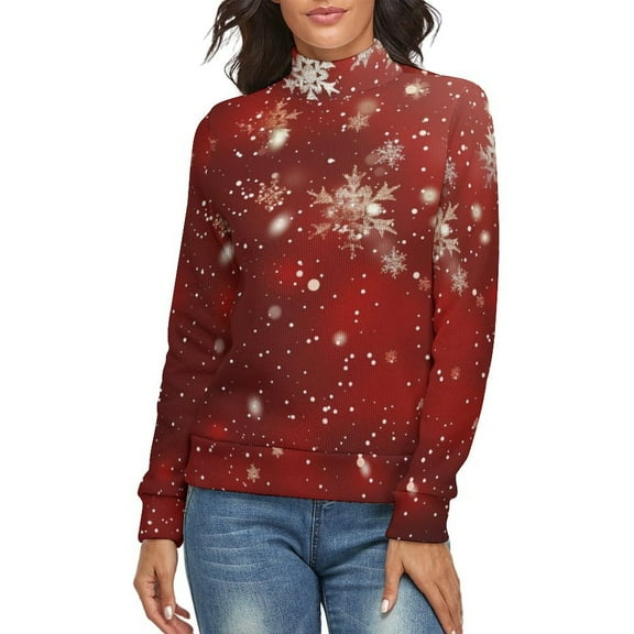 Elegant Red Christmas with Snowflake Women's Turtleneck Sweater Long Sleeve Ribbed Fitted Turtle Neck Casual Fall Winter Collection Top S
