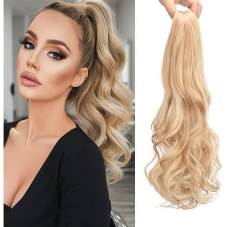 Blonde Ponytail Extension Claw Clip Ponytail Extensions for Women 20 Inch Long Wavy Clip in Ponytail Extensions Synthetic Hair Clip Ponytails for Girls Women (Highlight Blonde 20inch)