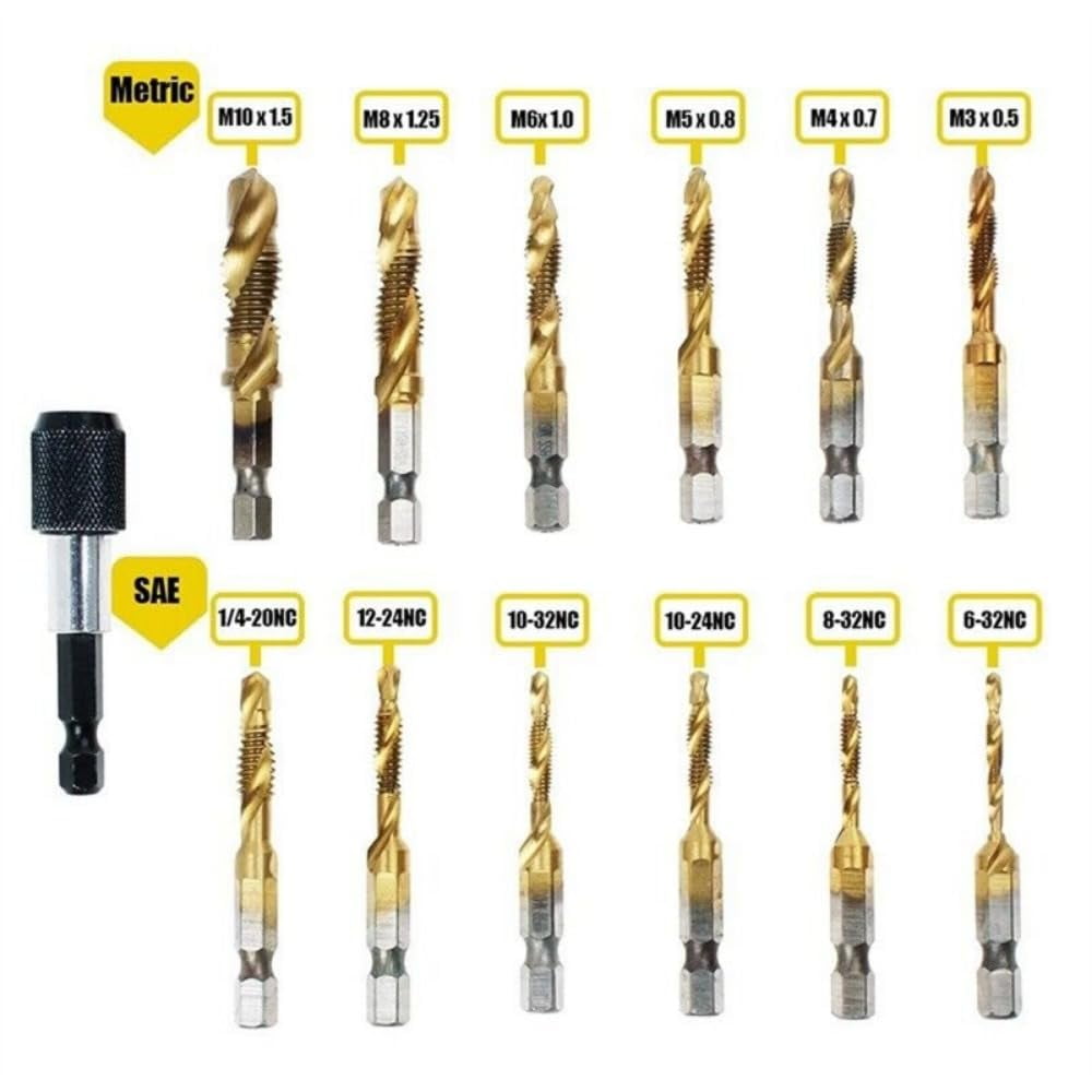 13 Pcs SAE/Metric Combination Drill Tap Bit Set Hex Shank Drill Bits Screw Tapping Bit Tool For Drilling Tapping Countersinking