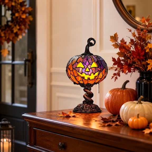Halloween Jack O Lantern Night Light, 8.66in Corded Stained Glass Table Lamp with Resin Base for Bedroom and Party Decor